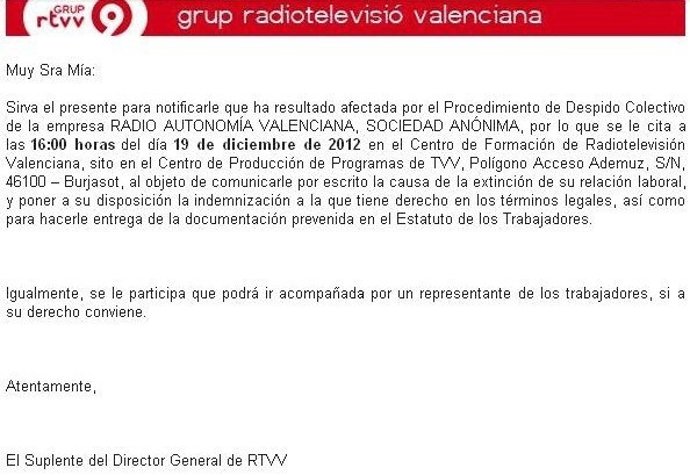 Mail dirigido a los afectados por el ERE en Ràdio 9 