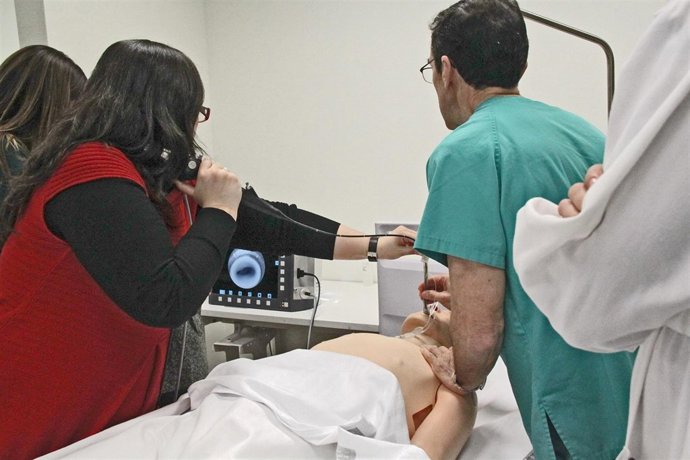 Personal sanitario de La Fe con los robots inteligentes para formación.