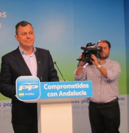 El secretario general del PP-A, José Luis Sanz, hoy en rueda de prensa