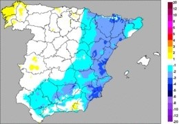 Mapa de variación de temperaturas mínimas en España