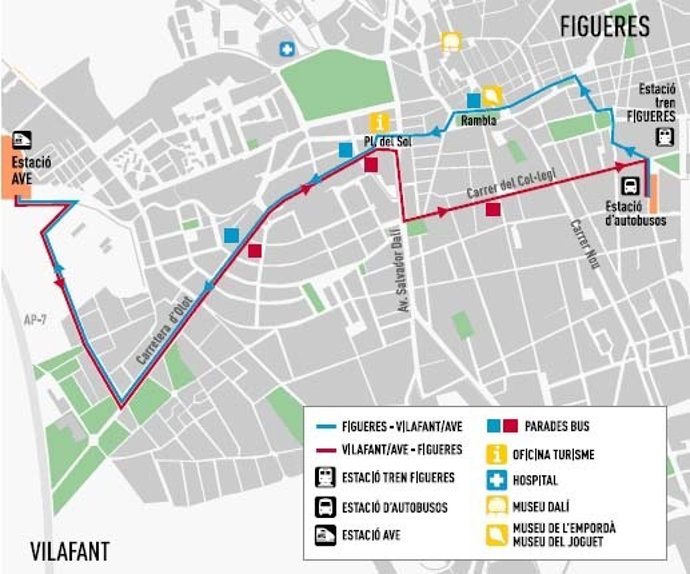 Recorrido del bus que conecta Figueres con su estación del AVE