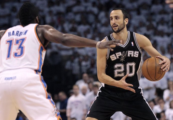 San Antonio Spurs' Ginobili is guarded by Oklahoma City Thunder's Harden during 