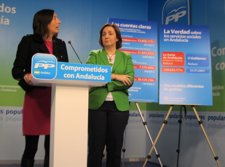 Dolores López Gabarro y Ana Mª Corredera, del PP-A, hoy en rueda de prensa