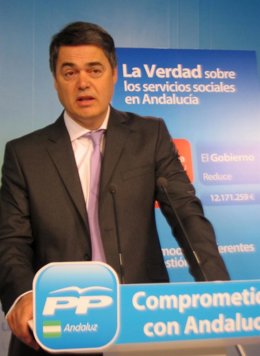 El portavoz del PP-A en el Parlamento, Carlos Rojas, hoy en rueda de prensa