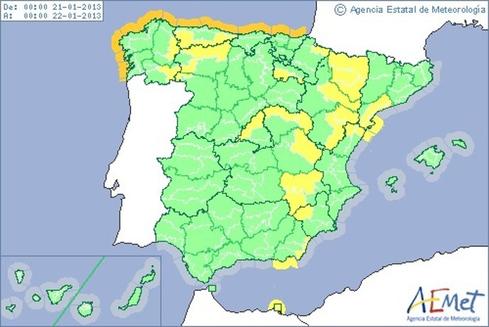Mapa de alertas para el lunes día 21
