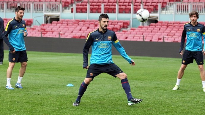 David Villa en un entrenamiento del FC Barcelona
