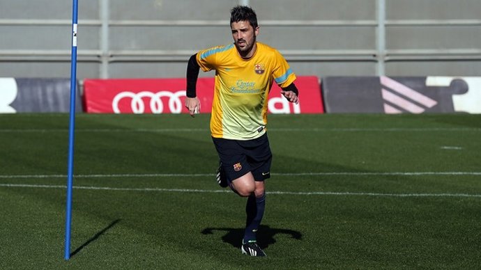 El jugador del FC Barcelona David Villa en un entrenamiento