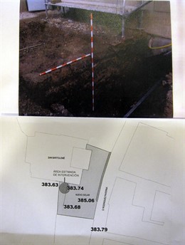 Fotografía y plano de los restos hallados en San Bartolomé y su ubicación