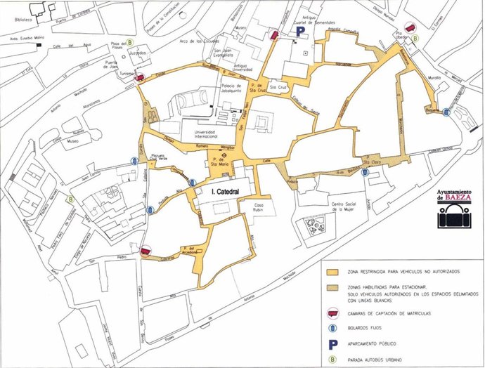 Mapa sobre la futura gestión de tráfico con cámaras en el casco antiguo de Baeza