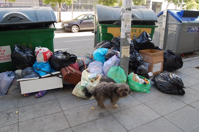 La basura se acumula en las calles de Sevilla.