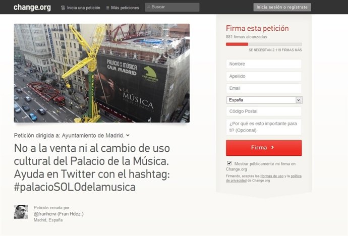 Petición en Change.Org Palacio de la Música Madrid