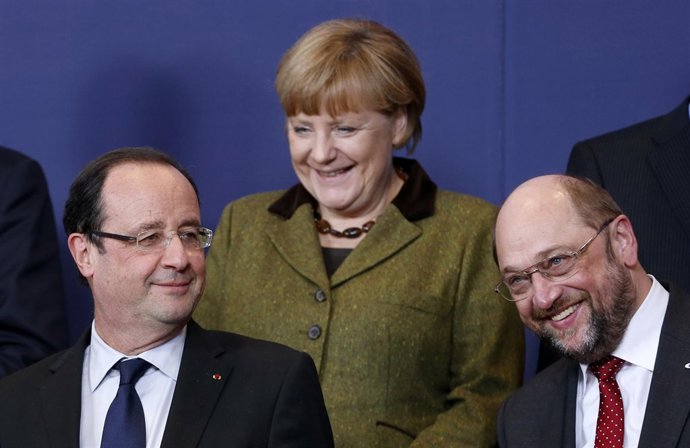 Francois Hollande, Angela Merkel y Martin Schulz 