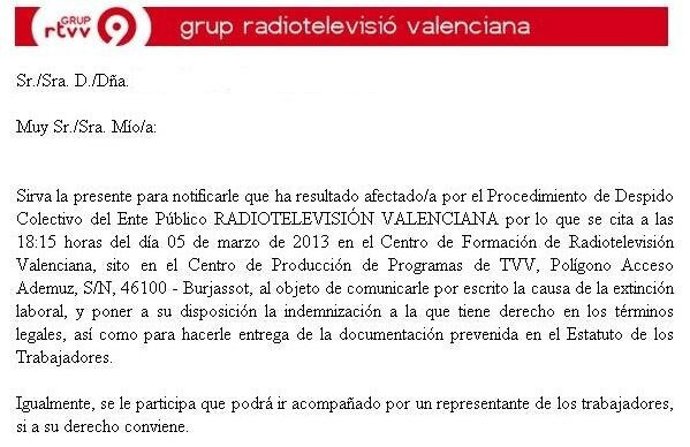 Correo electrónico enviado a uno de los afectados por el ERE de RTVV.