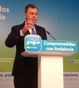 El secretario general del PP-A, José Luis Sanz, hoy en rueda de prensa