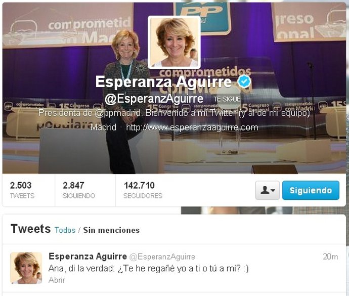 Aguirre bromea en Twitter sobre si regaño o no a Botella en el pasado Comité