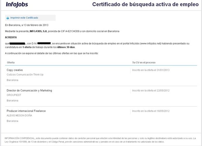 Certificado de InfoJobs de búsqueda activa de empleo