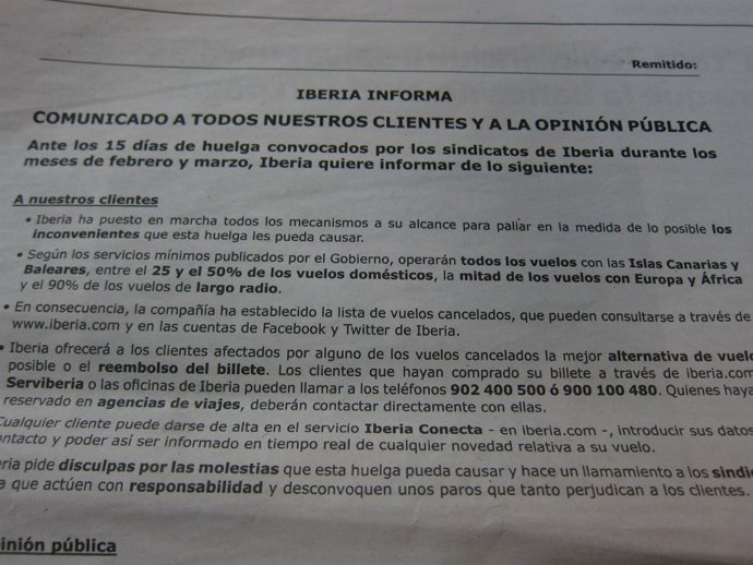 Comunicado de Iberia en prensa