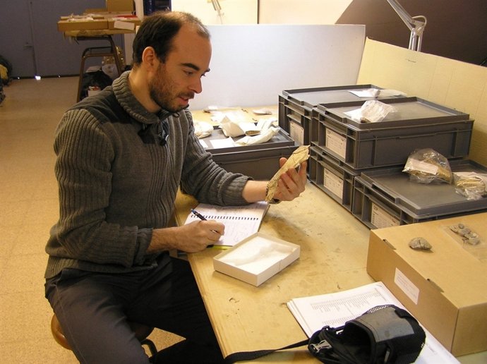 Un técnico cataloga uno de los nuevos fósiles hallados en las obras del AVE
