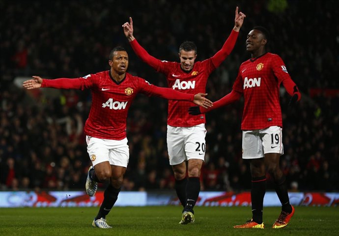 Nani, Van Persie y Welbeck celebran un gol del Manchester United