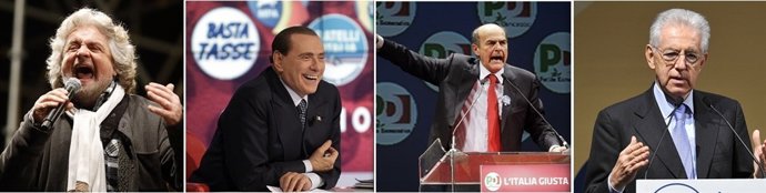 Beppe Grillo, Silvio Berlusconi, Pier Luigi Bersani y Mario Monti