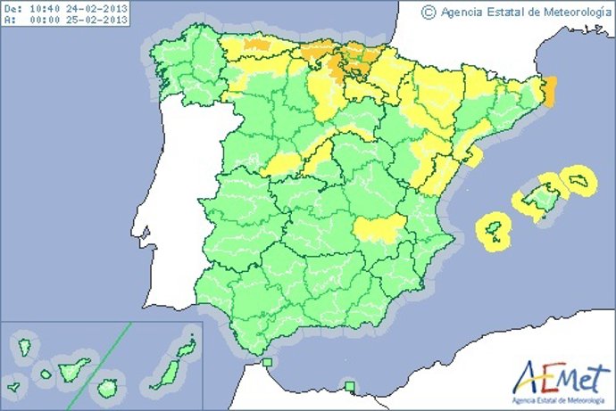 Imagen del mapa de alertas de Aemet de este domingo, 24 de febrero