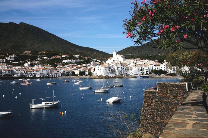 Panoràmica De La Vila De Cadaqués, A La Primavera, En Primer Pla Surt Una Planta