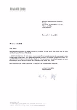 Carta del banco Lombard Odier al pte.Artur Mas sobre cuentas