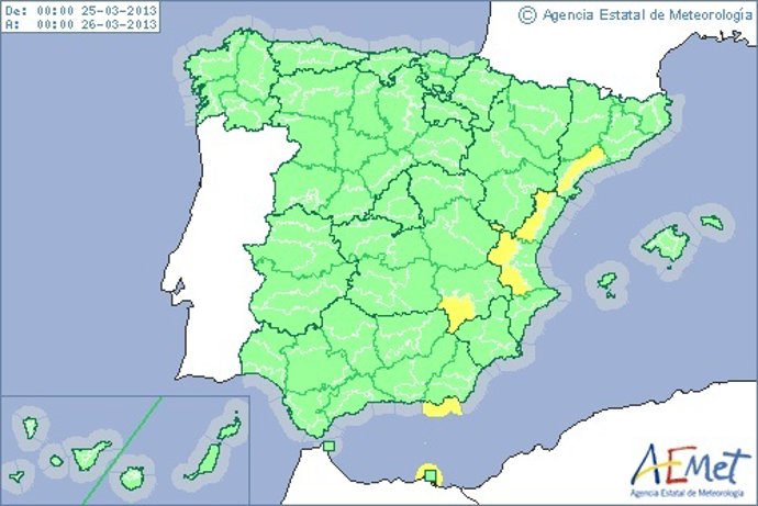 Avisos previstos por Aemet para este lunes 25 de marzo