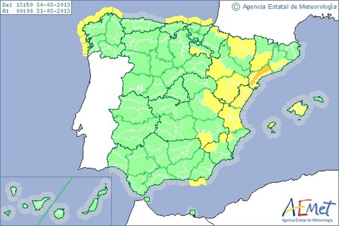 Mapa de alertas de Aemet para este sábado