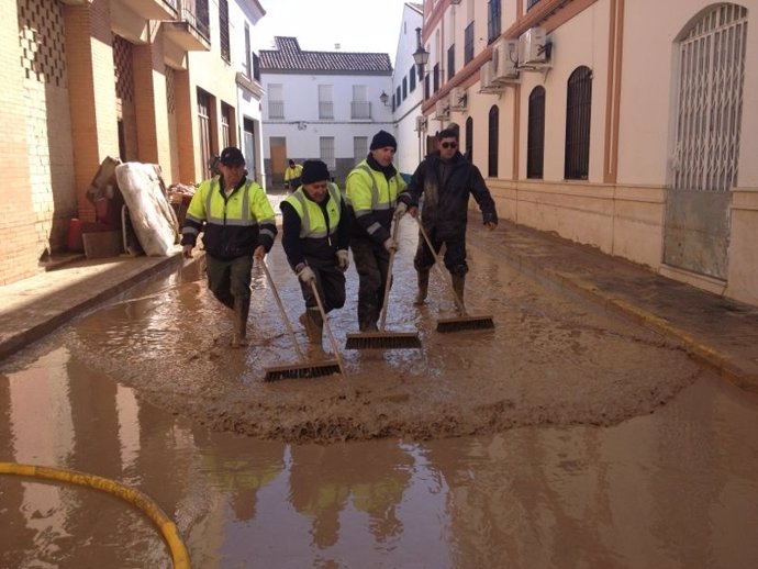 Labores de limpieza en Écija tras el desbordamiento del arroyo Argamasilla
