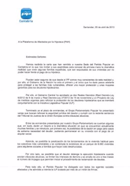 Carta de los diputados nacionales del PP por Cantabria a la PAH