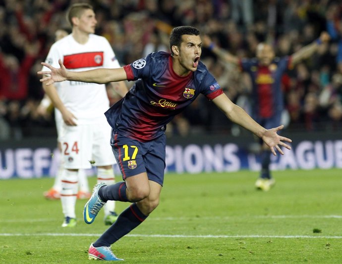 Pedro, del FC Barcelona, ante el PSG en Liga de Campeones