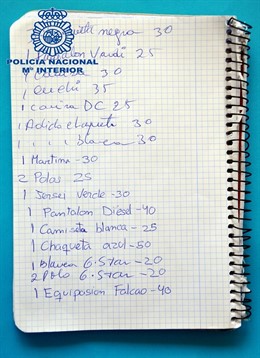 Libreta con apuntes de ropas robadas