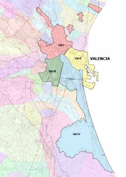 Mapa de las zonasz escolares de la ciudad de Valencia