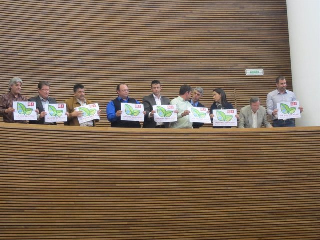 Alcaldes con las pancartas en el hemiciclo