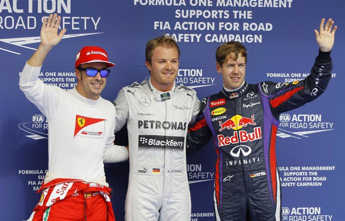 Alonso (Ferrari), Rosberg (Mercedes) y Vettel (Red Bull)