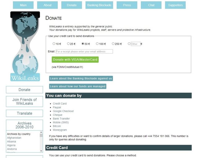 Página de donaciones para WikiLeaks