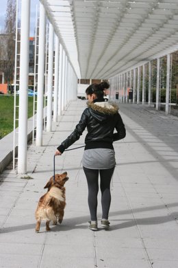 Una chica paseando a su perro con la correa