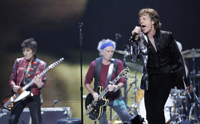Jagger, Richards and Wood of British band The Rolling Stones perform during the 