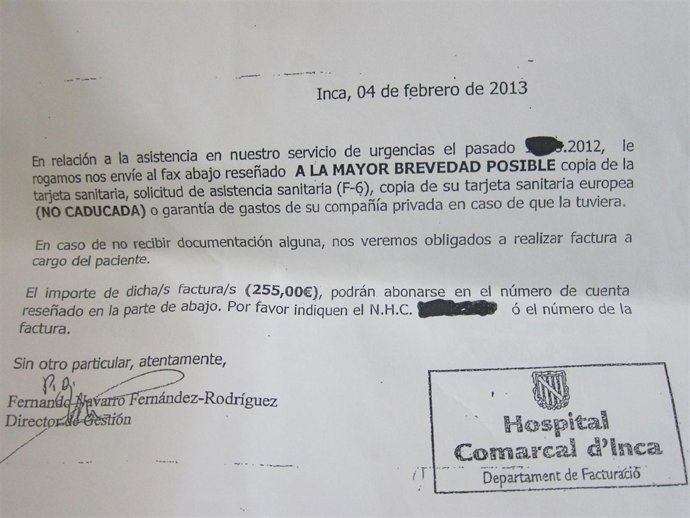 Factura cobrada a un inmigrantes sin tarjeta sanitaria