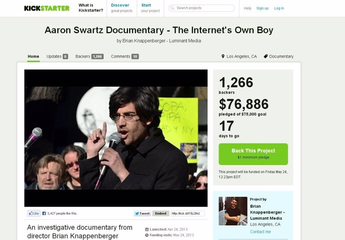 Apoyo para el documental de Aaron Swartz en Kickstarter