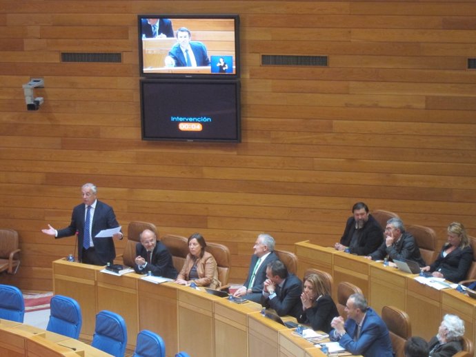 Pachi Vázquez pregunta a Feijóo, que aparece en la pantalla, en el Parlamento