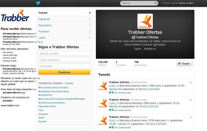 Trabber permite recibir alertas y ofertas a través de Twitter