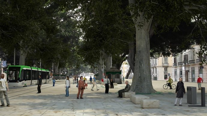 Recreación del metro en superficie en Málaga a su paso por la Alameda