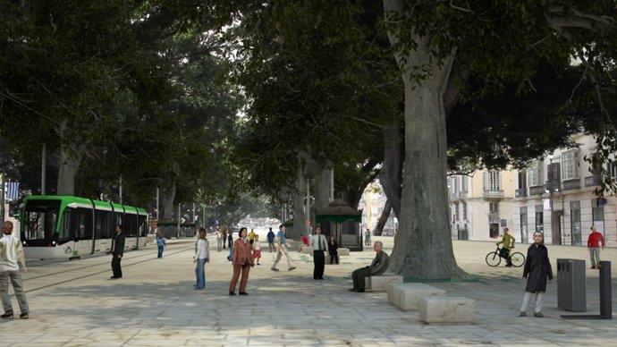 Recreación del metro en superficie en Málaga a su paso por la Alameda