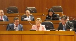 Los consejeros Oliván, Serrat y Aliaga, en el pleno