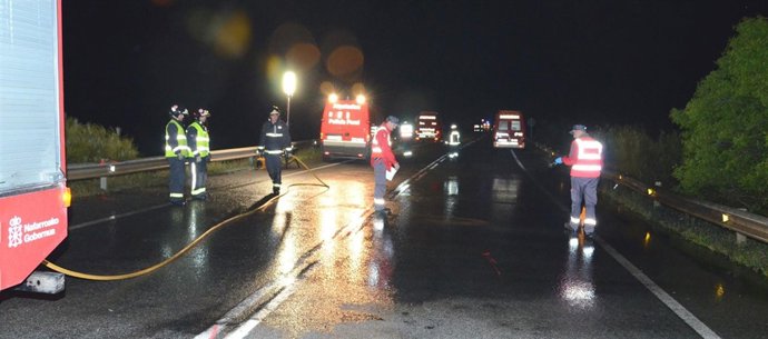 Agentes de la Policía Foral y bomberos trabajan en el lugar del suceso.