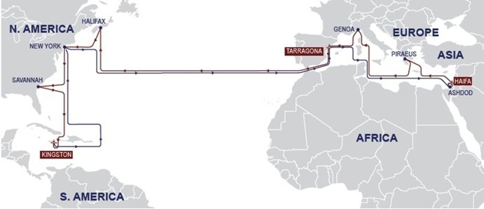 Ruta de Zim entre el Puerto de Tarragona y el de Nueva York