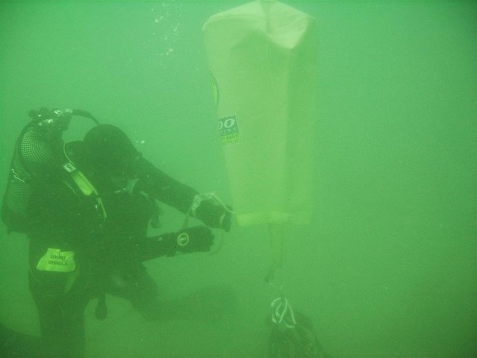 Un buceador desactivando el proyectil