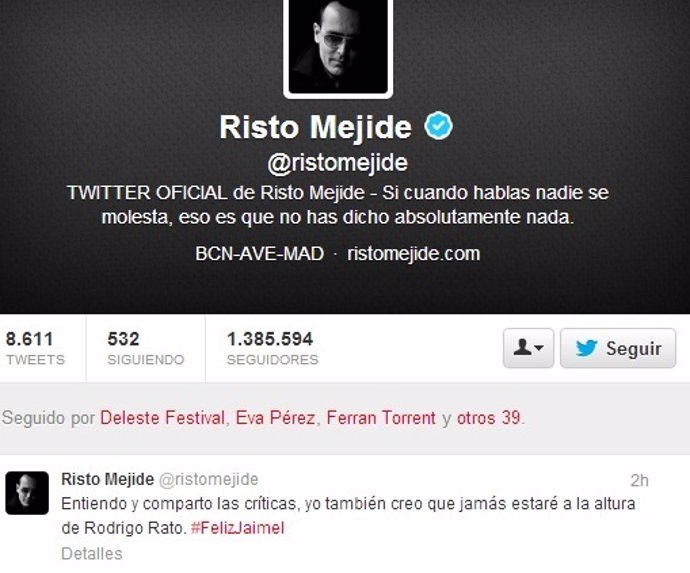 Mensaje en el twitter de Risto Mejide